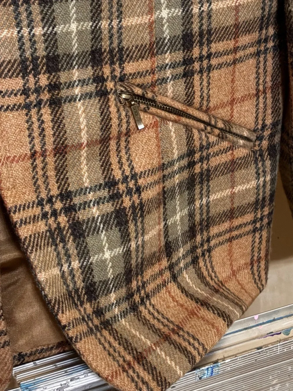 Evan Picone Plaid Wool Pea Coat - Tan, Black, Cream